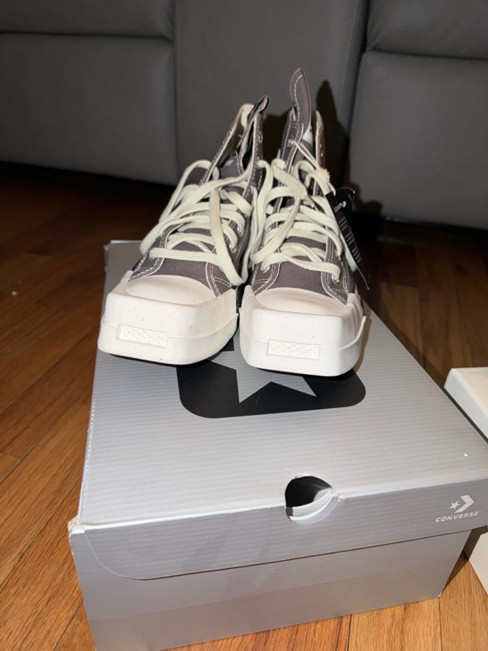 Rick Owens High-Top Sneakers in Taupe and Cream - Picture 4 of 5